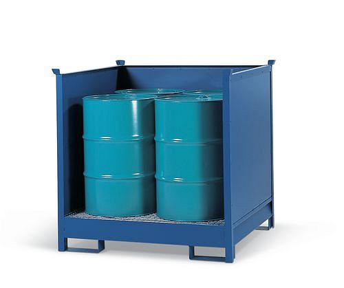 Station de matières dangereuses DENIOS 4 P2-O en acier, peinte, pour 4 fûts de 200 litres chacun, 3 parois, empilable, 114-614