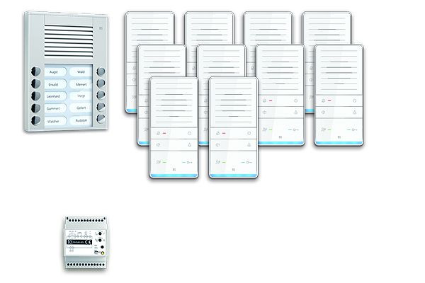 Système de commande de porte audio TCS : pack AP pour 10 unités résidentielles, avec poste extérieur PES 10 boutons de sonnerie, 10x haut-parleur mains libres ISW5031, unité de contrôle BVS20, PAAF102 / 001