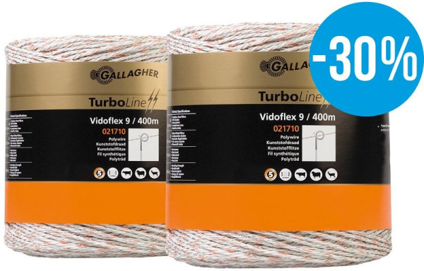 Gallagher Duopack Vidoflex 9 TurboLine Plus 2x400m fil en plastique blanc, 069323