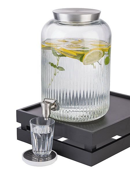 Distributeur de boissons APS, Ø 20 cm, hauteur : 30,5 cm, 7 litres, verre, inox, avec couvercle et robinet, 10855