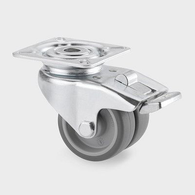 Roulette pivotante TENTE-ROLLEN avec frein, roue Ø 50 mm, capacité de charge 70 kg, hauteur totale 69 mm, fixation plaque, 2975PJO050P40