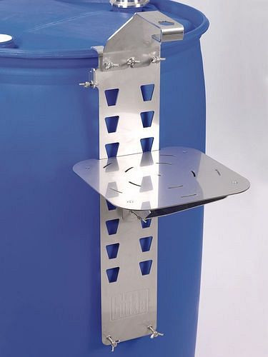 Surface de remplissage DENIOS en acier inoxydable, réglable en hauteur, adaptée aux fûts en acier/acier inoxydable de 60 à 220 litres, 309682
