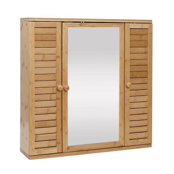 Armoire miroir Mendler HWC-B18, armoire murale armoire miroir de salle de bain, 3 étagères 3 portes miroir bambou 60x60x15cm, 86302