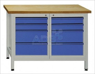 Etabli ADB 8 tiroirs, dimensions : 1200x600x840mm (LxPxH), couleur table de travail : gris, RAL 7035, couleur tiroir/porte : bleu clair (RAL 5012), 41932