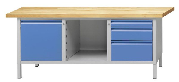 Établi d'armoire ANKE; 2000x700mm; RAL 7035/5012; Gauche 1 porte 510 mm; Compartiment central ouvert; A droite 3 tiroirs 85.170.255 mm