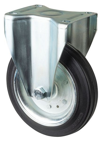 Rouleau de transport BS rollers, rouleau fixe, largeur de roue 60 mm, roue Ø 250 mm, capacité de charge 300 kg, caoutchouc noir, jante en acier, roulement à rouleaux, plaque, L410.B55.251