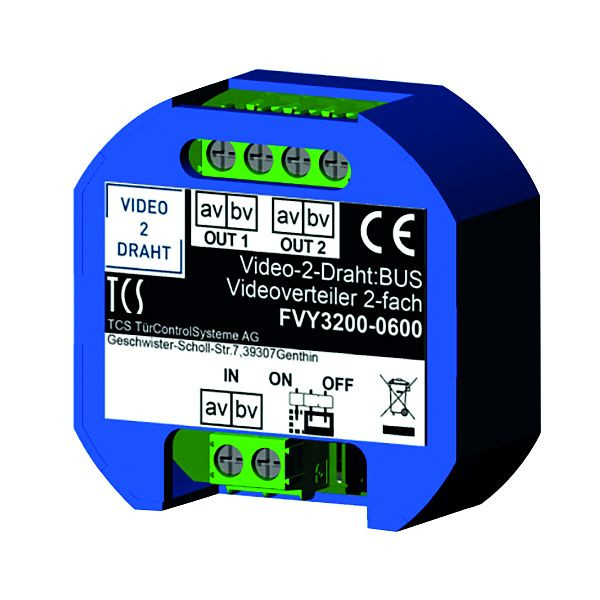 Répartiteur vidéo TCS pour vidéo 2 fils : BUS, pas de cascadage, passif pour diviser les brins vidéo, installation en boîtier d'encastrement, 2 voies, FVY3200-0600