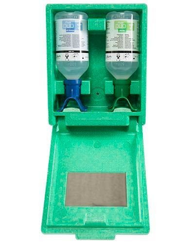 Station d'urgence oculaire DENIOS DUO dans boîtier mural, avec 2 flacons de rinçage (pH neutre - sel de table), 243-633