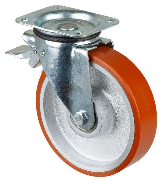 Rouleau de transport BS rollers avec frein, largeur 50 mm, Ø200 mm, jusqu'à 450 kg, polyuréthane coulé 95 Shore A, corps de roue coulé, roulement à billes, L420.C10.202