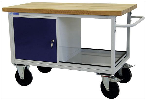 Chariot table ADB avec 1 armoire en tôle d'acier, 840x1300x600 mm, couleur chariot table : gris clair, RAL 7035, couleur porte/tiroir : bleu clair (RAL 5012), 42743