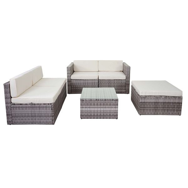Mendler HWC-D24 ensemble en rotin poly, canapé de jardin/salon, gris, rembourrage crème, 58586+58587+58588