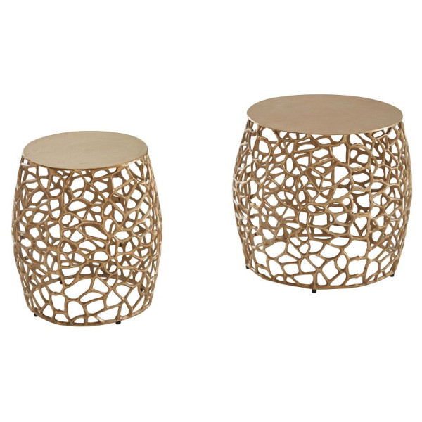 Wohnling Lot de 2 tables d'appoint rondes en aluminium et métal doré pour salon, table basse, structure de branches, moderne WL6.690
