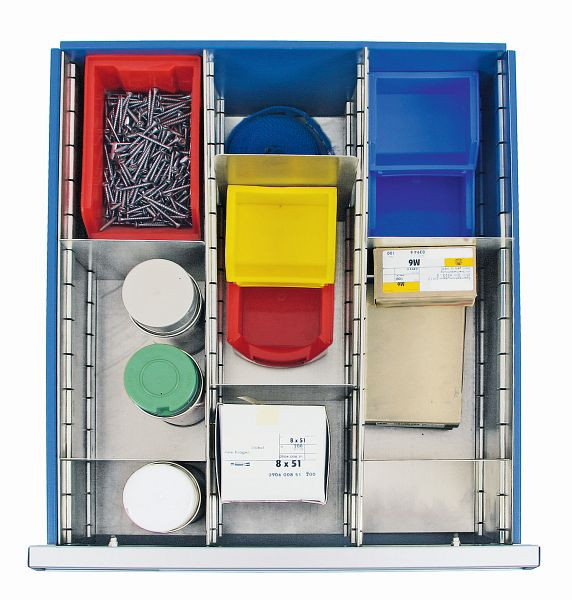 jeu de séparateurs émoussés, 1/3 galvanisés, 9 pièces, hauteur 200 mm, pour tiroirs de hauteur 200 mm des séries T100/35, STS, ESTA et MovaFlex, 7001209