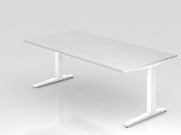 Bureau Hammerbacher pied C 200x100cm blanc/blanc, coulisses en aluminium blanc, forme rectangulaire, VXB2E/W/WW