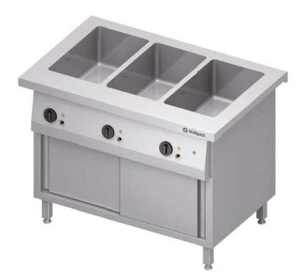Station bain-marie Stalgast "Free Flow" 3x bacs GN1/1, avec armoire chauffante et portes coulissantes, couvercle inox 1132x735x880 mm, FF11117