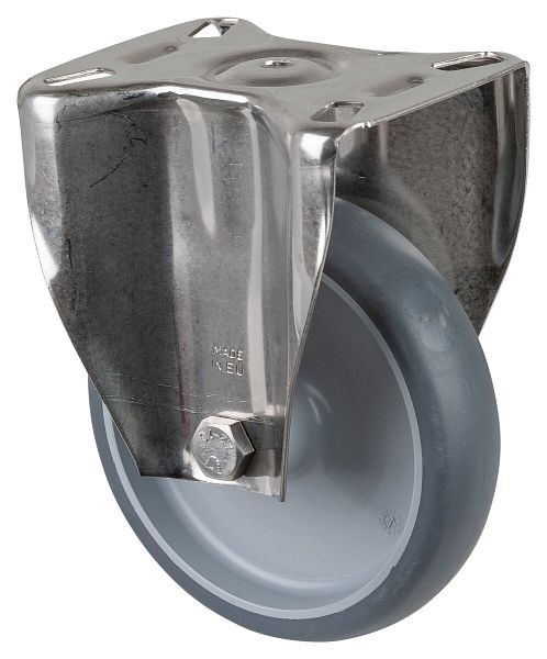 Rouleaux de transport BS rollers inox, rouleau fixe, largeur 40 mm, Ø150 mm, jusqu'à 140 kg, pneus thermoplastiques gris, plastique, palier lisse, plateau, H110.B43.150