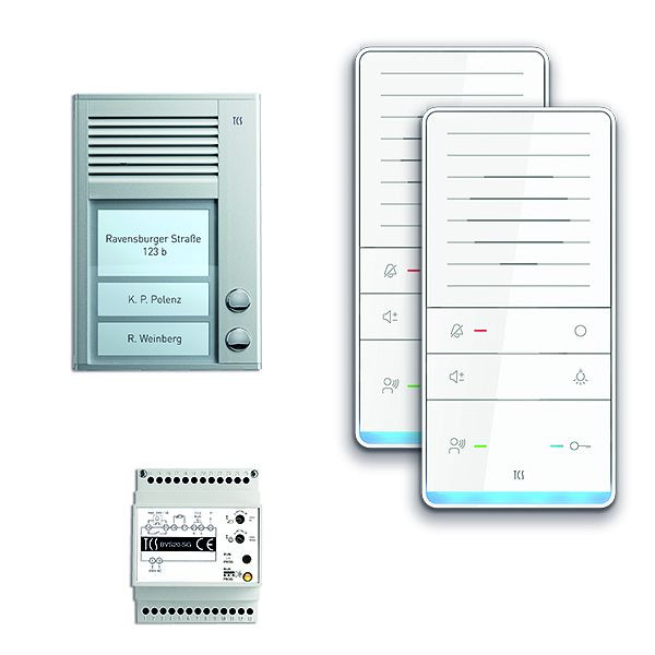 Système de commande de porte audio TCS : pack AP pour 2 unités résidentielles, avec poste extérieur PAK 2 boutons de sonnerie, 2x haut-parleur mains libres ISW5031, unité de contrôle BVS20, PAAF021/001