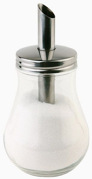 Distributeur de sucre APS, Ø 8 cm, hauteur : 15 cm, 250 ml, récipient en verre, couvercle à vis en inox, avec tube doseur, 40494