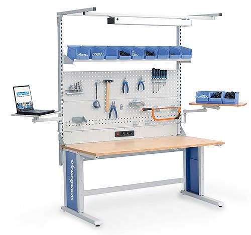 Workergo à structure multi-parois Bedrunka+Hirth avec cadre supérieur, 1x canal d'énergie, 2x plaque perforée, 1x étagère, 2x bras pivotant, 1500 x 750 x 1250 mm, 4C150-4