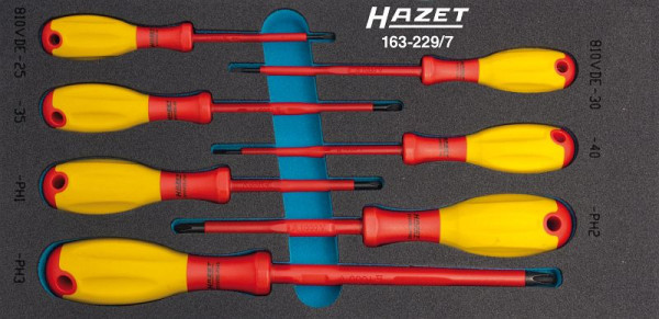 Jeu de tournevis Hazet, double isolation, profil Phillips PH, profil fendu, 0,4 x 2,5 - 0,8 x 4, PH1 - PH3, nombre d'outils : 7, 163-229/7