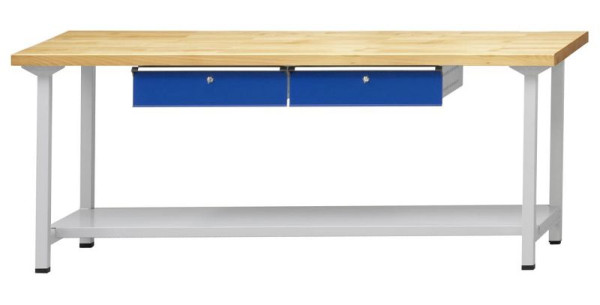 Table de travail ANKE; 2000x700 mm; RAL 7035/5010; 2xHängeschublade; 1x étagère de rangement en tôle d'acier de 500 mm de profondeur