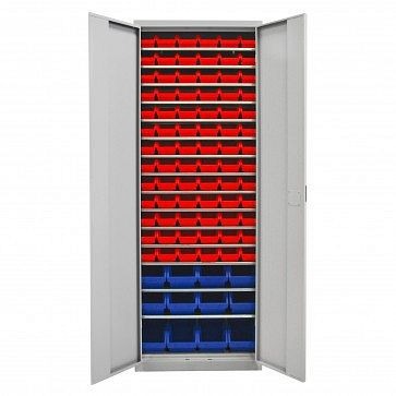 Armoire à portes battantes ADB avec 90 caissons de rangement et étagères visibles, dimensions LxLxH : 116x212x75 mm, couleur : rouge, couleur : bleu, 40833