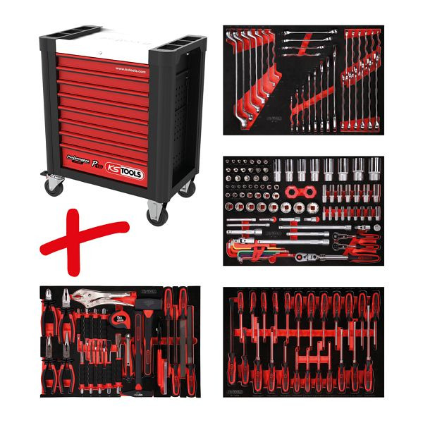 KS Tools PERFORMANCEplus set de dessertes d'atelier P10, avec 180 outils et 4 tiroirs, 810.4180