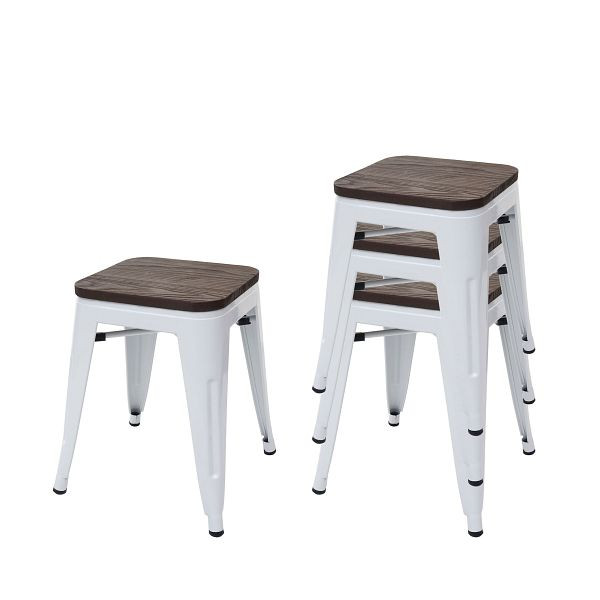 Ensemble de 4 tabourets Mendler HWC-A73 avec siège en bois, tabouret en métal, design industriel en métal empilable, blanc, 70772