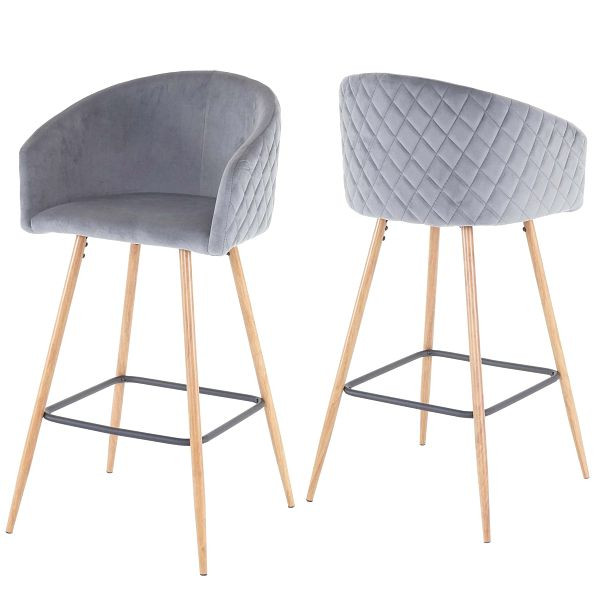 Mendler ensemble de 2 tabourets de bar HWC-D72, tabouret de bar tabouret de cuisine avec dossier, aspect bois métal, velours, gris, 64201