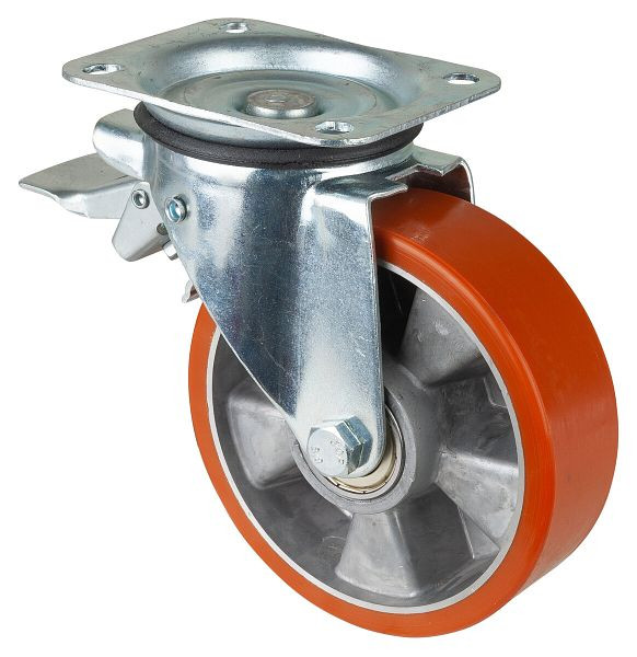 Rouleau de transport BS rollers avec frein, largeur 50 mm, Ø160 mm, jusqu'à 400 kg, bande de roulement en polyuréthane coulé, corps en aluminium, roulements à billes, L420.B90.162