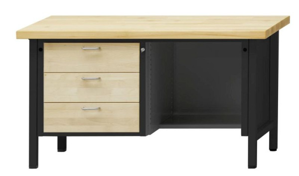Établi d'armoire ANKE; 1500x700 mm; RAL 7016 / hêtre ciré naturel; Hêtre plaque solide; 3 tiroirs à gauche; Plancher en retrait à droite