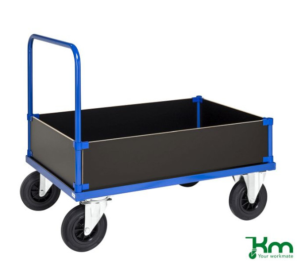 Chariot à bagages Kongamek, 2 roulettes fixes et 2 pivotantes en caoutchouc plein avec freins, 1000 x 700 x 900 mm, bords bas, revêtement en poudre bleu, KM335-2LB