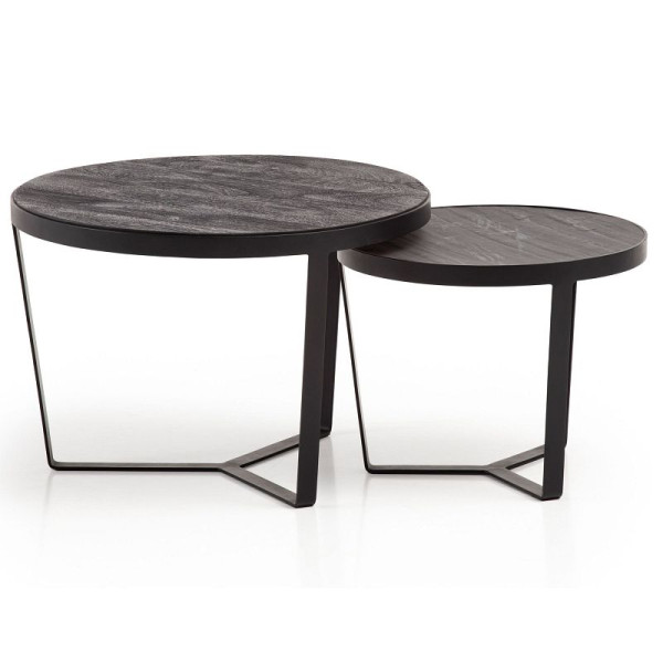 Wohnling Lot de 2 tables basses en bois d'acacia massif/aspect pierre, table de salon ronde, table gigogne avec structure en métal, table basse moderne, noir/anthracite, WL6.766