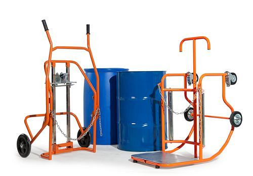 Kit DENIOS avec chariot porte-fûts Secu Comfort et basculeur de fûts Secu Plus, pour fûts acier/plastique, 257-452