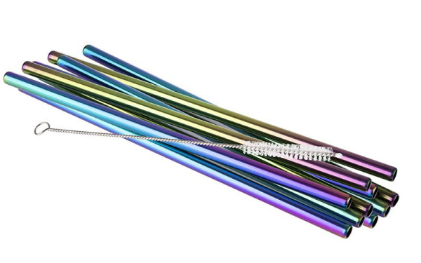 Pailles APS, lot de 11, Ø 8 mm, longueur : 21,5 cm, acier inoxydable 18/8, aspect arc-en-ciel, contenu : 10 pailles, 1 brosse de nettoyage, 93385