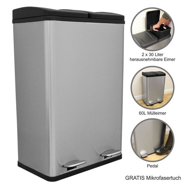 Poubelle à pédale double Monster 60 l, acier inoxydable, 26643