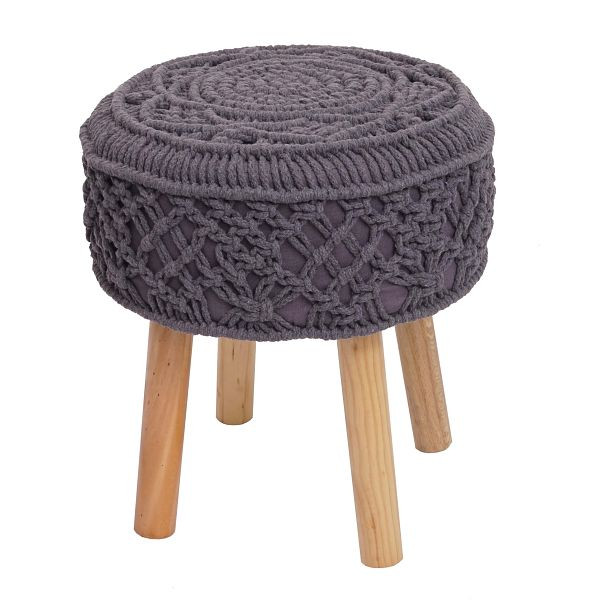 Tabouret Mendler HWC-J43, tabouret tricoté, repose-pieds, macramé rond 45x41cm/tissu tricoté/textile, gris foncé, 80482
