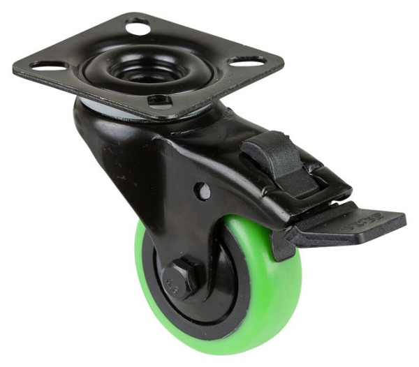 BS Castors Roulette pivotante avec frein noir, roue en caoutchouc thermoplastique vert, roulement à billes, platine, diamètre : 50 mm, lot de 8, A820.A85.050.04