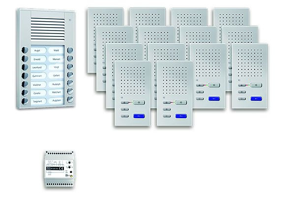 Système de commande de porte audio TCS : pack AP pour 14 unités résidentielles, avec poste extérieur PES 14 boutons de sonnerie, 14x haut-parleur mains libres ISW3030, unité de contrôle, PPAF14-EN / 02