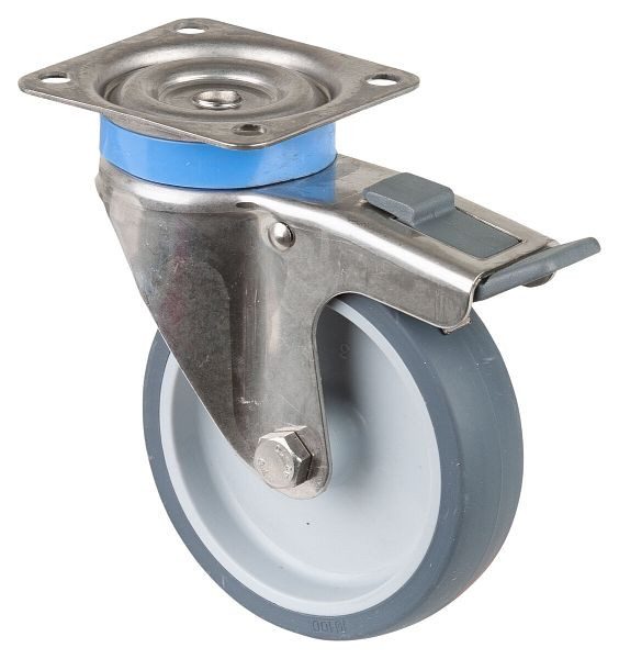 Rouleaux d'appareil en acier inoxydable BS avec frein, largeur 28 mm, Ø100 mm, jusqu'à 60 kg, surface en caoutchouc gris, plateau, palier lisse, lot de 2, G120.A80.100