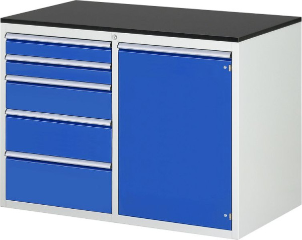 Armoire à tiroirs RAU 7000, L1145xP650xH820mm, gauche : tiroirs 2x90, H150, H180, H210mm, droite : porte battante, revêtement en résine mélamine, 03-LL5.22.12AM.11