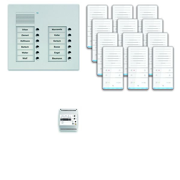 Système de commande de porte audio TCS : pack UP pour 12 unités résidentielles, avec poste extérieur PUK 12 boutons de sonnerie 2 colonnes, 12x haut-parleur mains libres ISW5031, commande, PAUF122 / 001