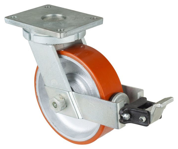 Roulettes BS Roulette robuste avec roue/blocage, largeur 75 mm, Ø250 mm, jusqu'à 1600 kg, polyuréthane coulé 95 Shore A, corps coulé, roulements à billes, RR120.C10.252