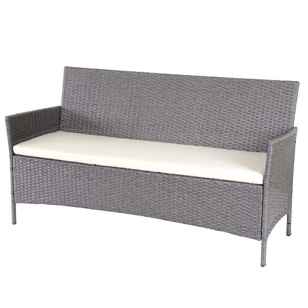 Banc de jardin 3 places en rotin synthétique Mendler Halden, banc, gris, coussins crème, 64287