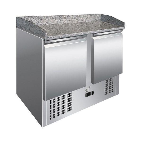 Table réfrigérée Gastro-Inox en acier inoxydable avec 2 portes et plan de travail en marbre, refroidissement par convection, capacité nette 302 litres, 202.007