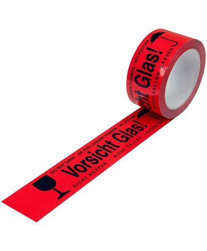 Ruban adhésif d'avertissement DENIOS, PP, impression Caution Glass, en rouge signal, 50 mm de large x 66 m, paquet : 12 rouleaux, 299567