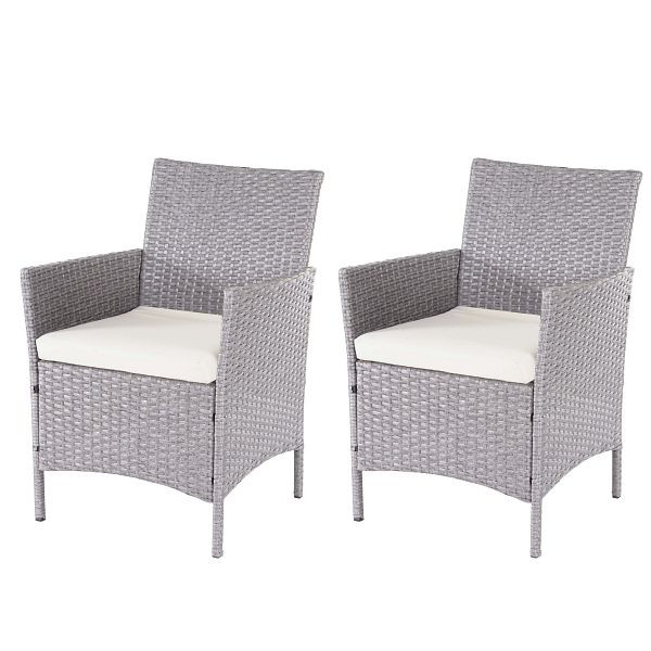 Ensemble de 2 chaises de jardin Mendler en polyrotin Halden, chaises en osier, gris, coussins crème, 64303