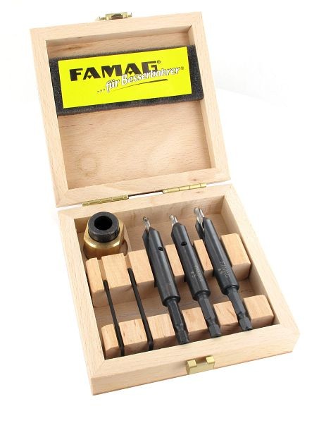 Coffret perceuse et fraise Famag dans un coffret en bois 4 pièces, Ø 4, 5 et 6 mm avec butée de profondeur, 3577.504.00