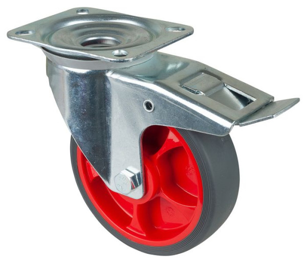 Roulette de transport à roulettes BS roulette pivotante avec frein, roue en caoutchouc thermoplastique, bandage gris, roulement à rouleaux, platine : 160 mm, pack : 2 pièces, L420.B44.161.03
