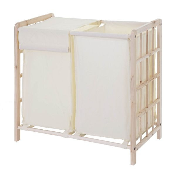 Collecteur de linge Mendler HWC-B60, Panier à linge, bois massif 2 compartiments 60x60x33cm 68l, marron clair, couverture crème, 60582